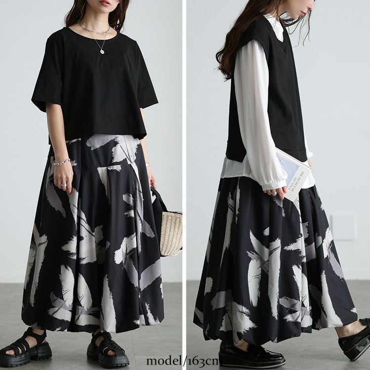 大きいサイズ レディース アート柄タックバルーンスカート