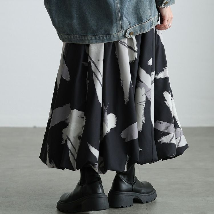 大きいサイズ レディース アート柄タックバルーンスカート