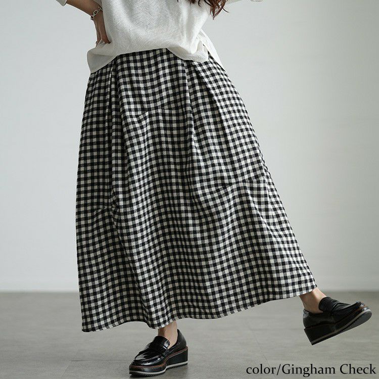 大きいサイズ レディース ギンガムチェック柄タックコクーンスカート ギンガムチェック