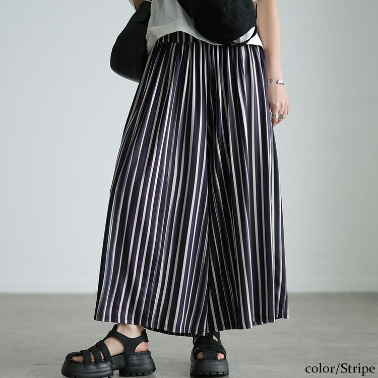 大きいサイズ レディース ストレッチプリントワイドパンツ ストライプ