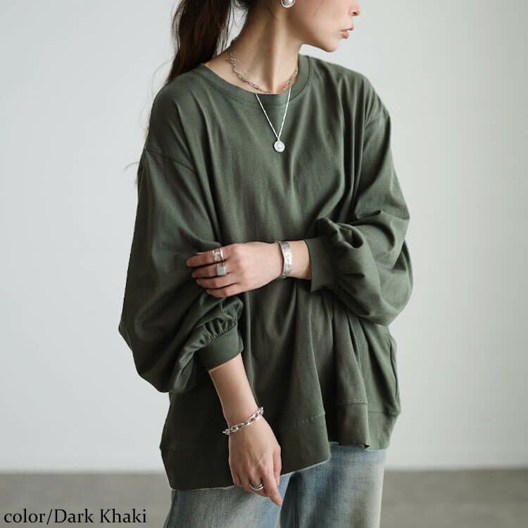 大きいサイズ レディース スラブオーバーサイズプルオーバー ダークカーキ