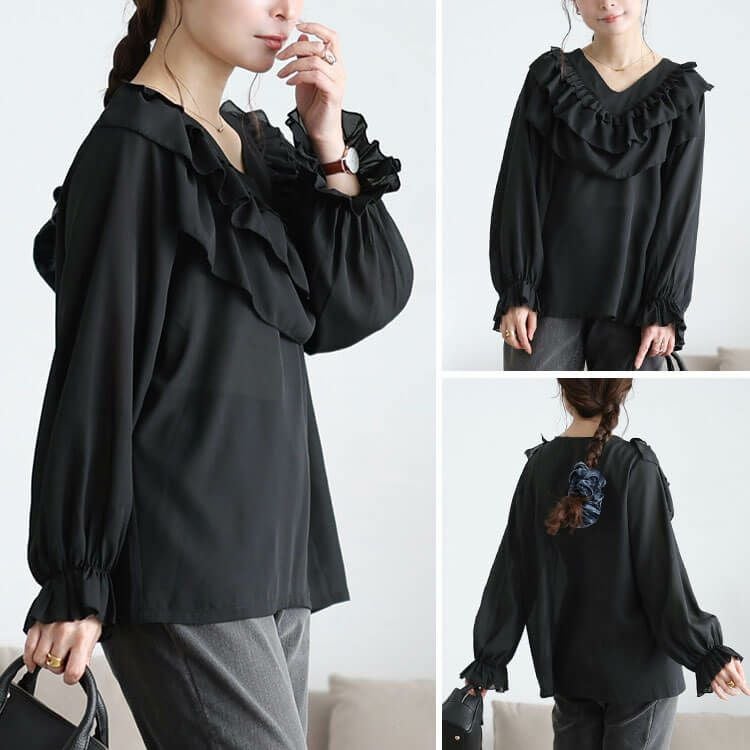 大きいサイズ レディース ティアードフリルVネックブラウス