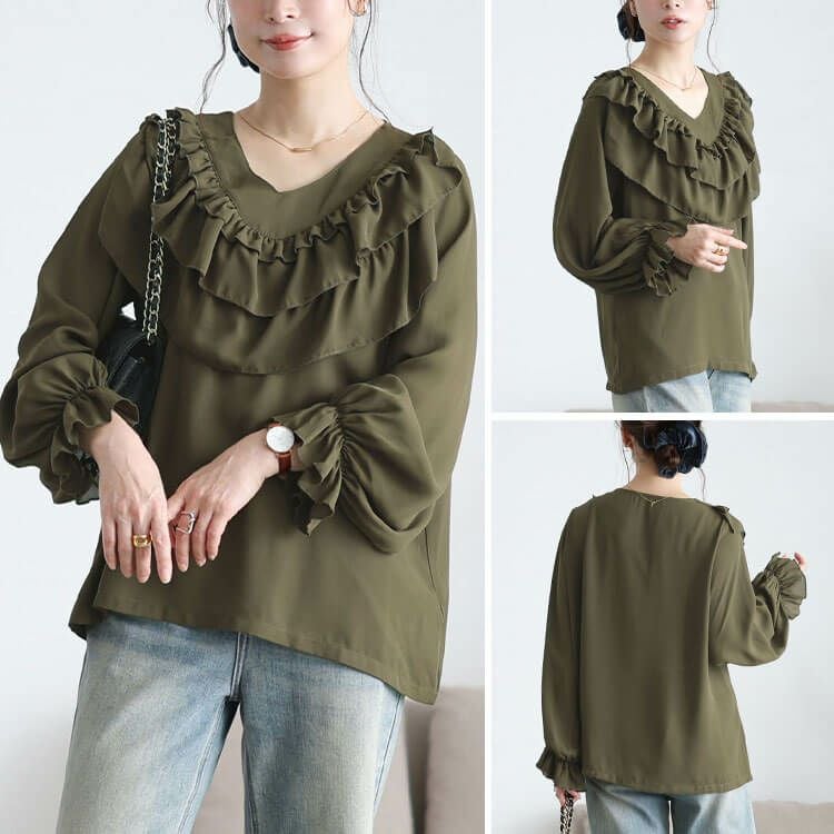 大きいサイズ レディース ティアードフリルVネックブラウス