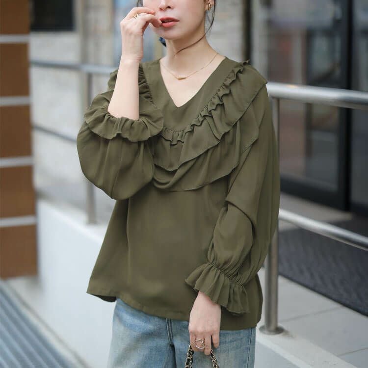 大きいサイズ レディース ティアードフリルVネックブラウス