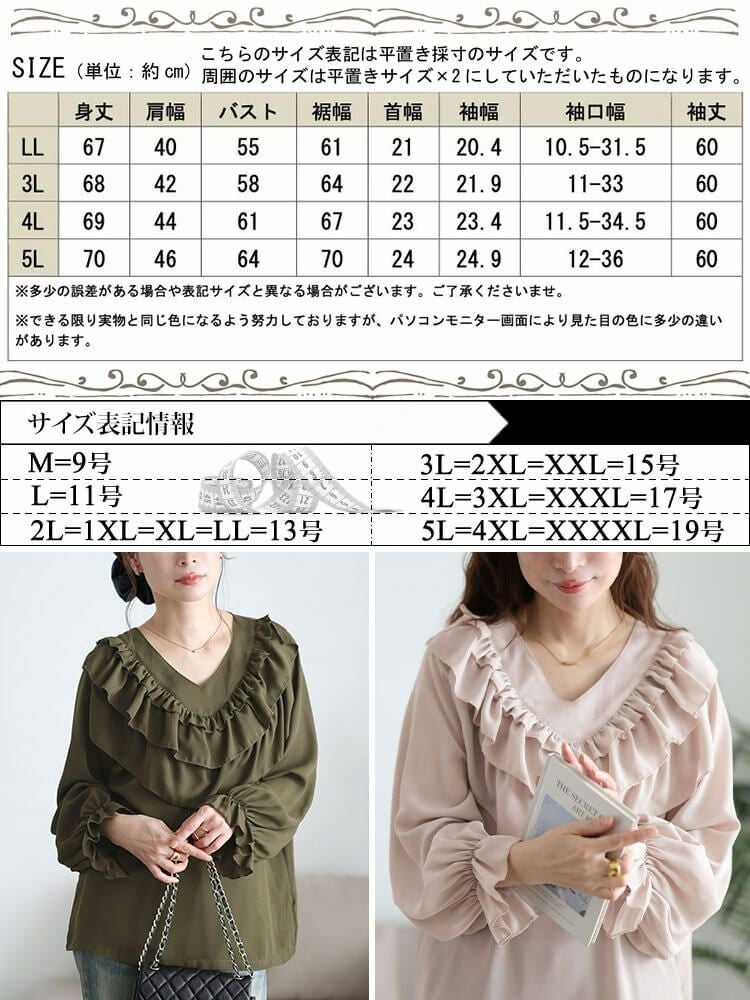 大きいサイズ レディース ティアードフリルVネックブラウス