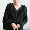 大きいサイズ レディース ティアードフリルVネックブラウス ブラック