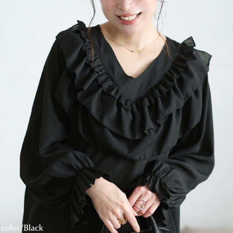 大きいサイズ レディース ティアードフリルVネックブラウス ブラック
