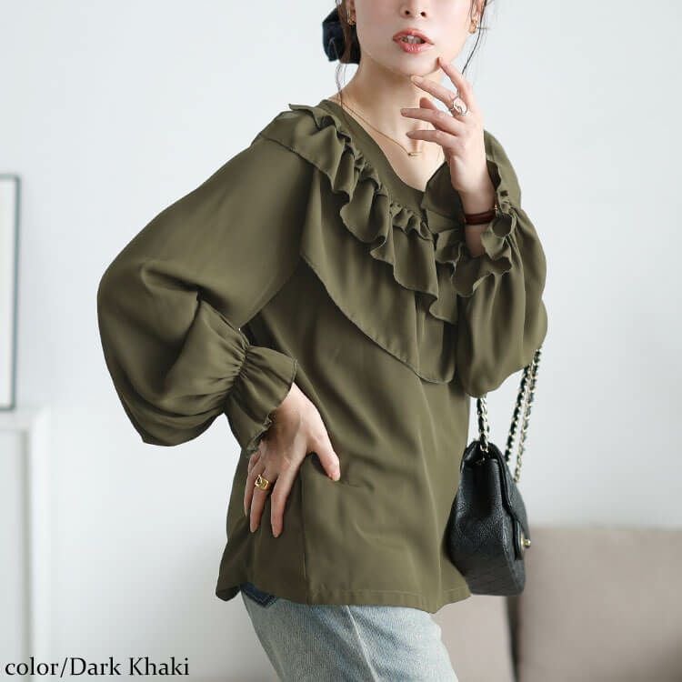 大きいサイズ レディース ティアードフリルVネックブラウス ダークカーキ