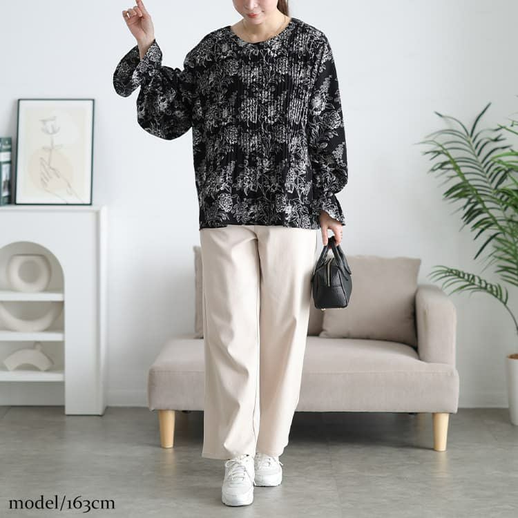 大きいサイズ レディース 花柄消しプリーツキャンディスリーブブラウス