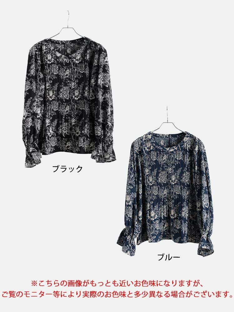 大きいサイズ レディース 花柄消しプリーツキャンディスリーブブラウス
