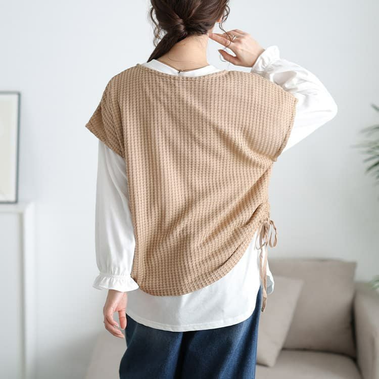 大きいサイズ レディース 脇シャーリングベスト＆キャンディスリーブロンT2点セット