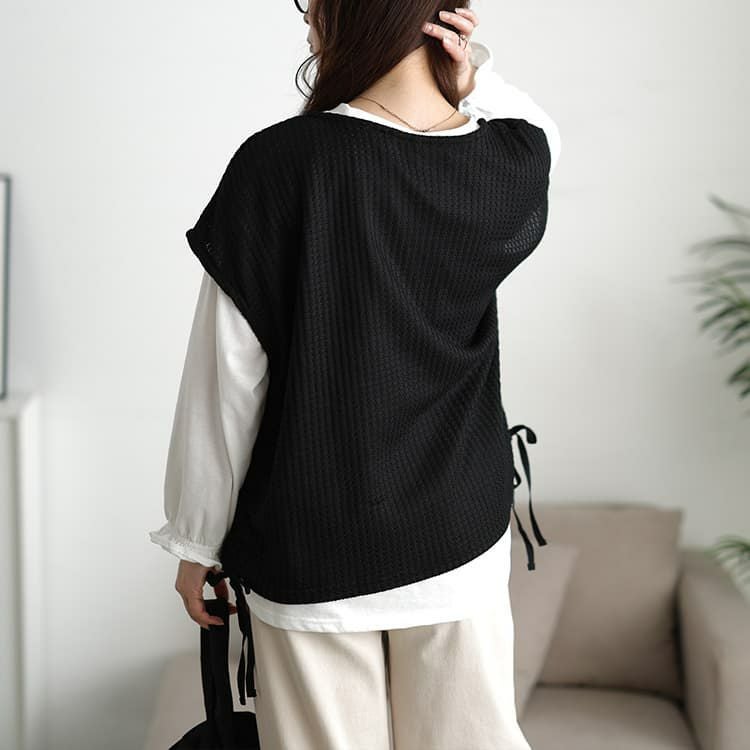 大きいサイズ レディース 脇シャーリングベスト＆キャンディスリーブロンT2点セット