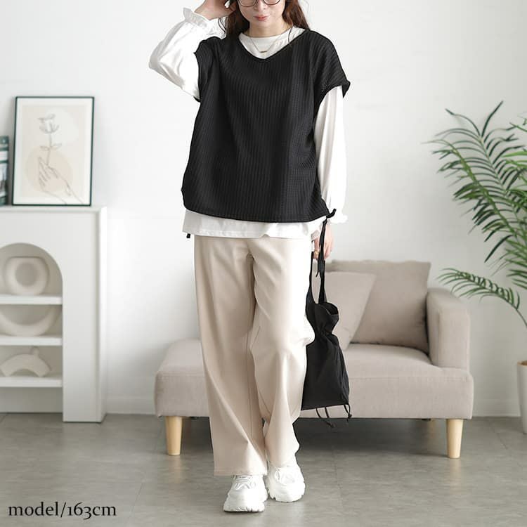 大きいサイズ レディース 脇シャーリングベスト＆キャンディスリーブロンT2点セット