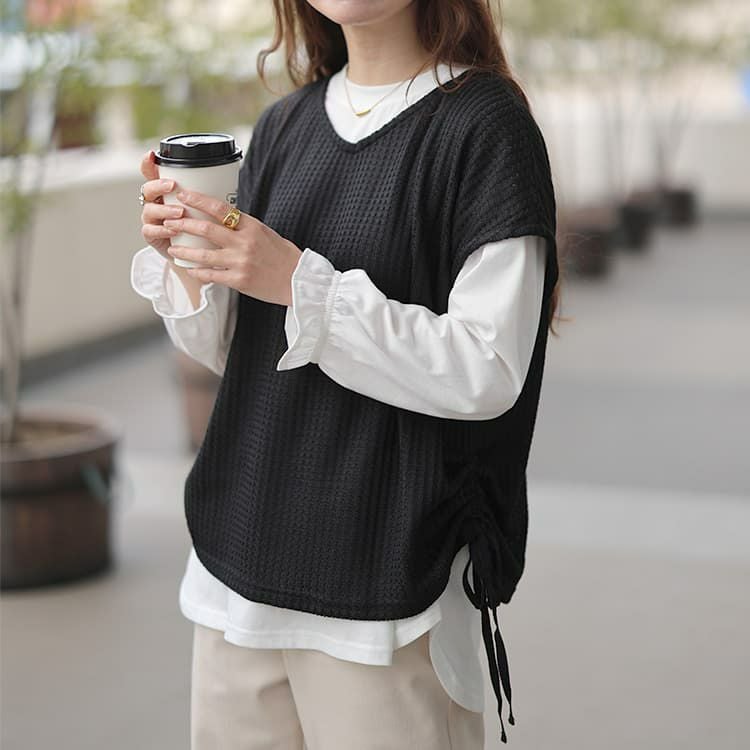 大きいサイズ レディース 脇シャーリングベスト＆キャンディスリーブロンT2点セット