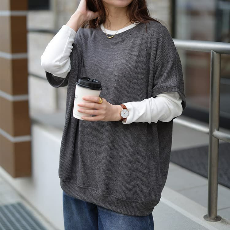 大きいサイズ レディース 畦編みドルマン＆ロンT2点セット チャコール