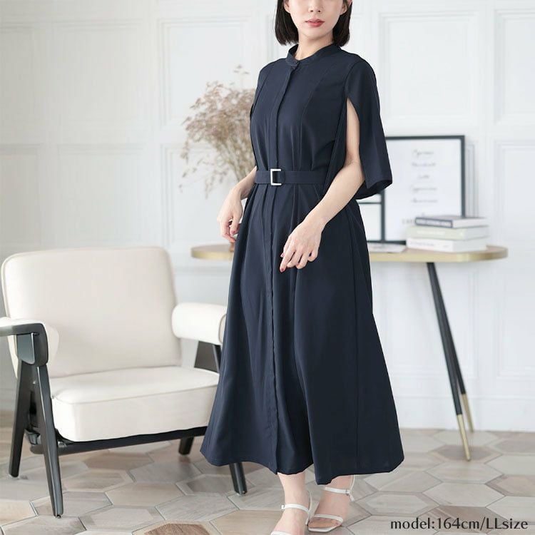 大きいサイズ レディース ケープスリーブベルトワンピース