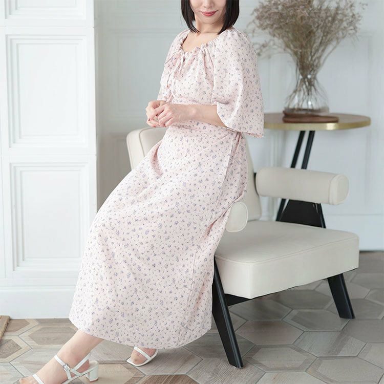 大きいサイズ レディース フラワーミストギャザーワンピース