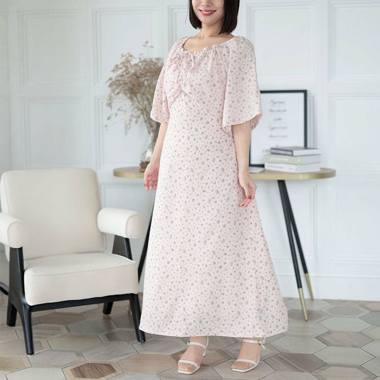 大きいサイズ レディース フラワーミストギャザーワンピース