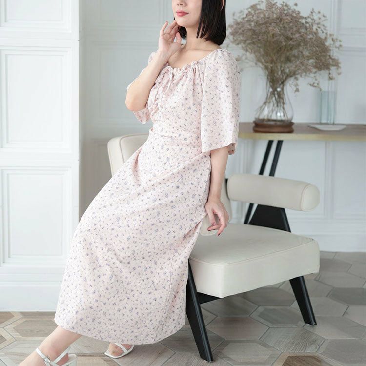 大きいサイズ レディース フラワーミストギャザーワンピース