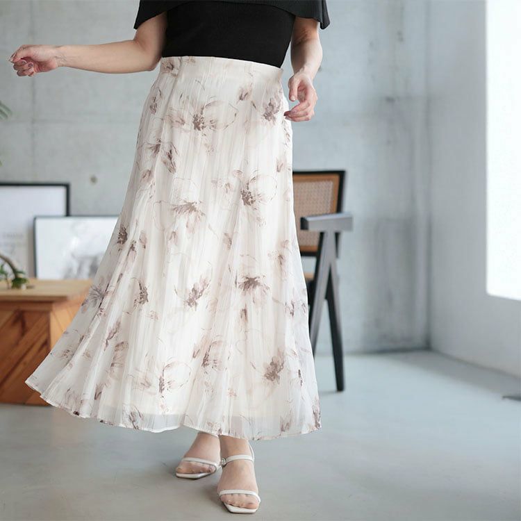 大きいサイズ レディース 花柄プリントスカート ベージュ