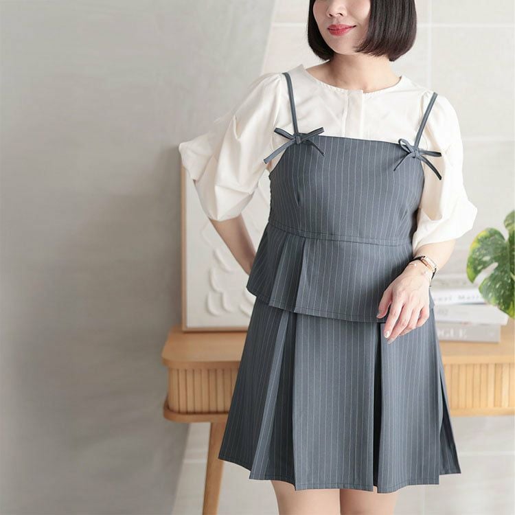 大きいサイズ レディース ピンストライプキャミソール＆インナーパンツスカートセットアップ