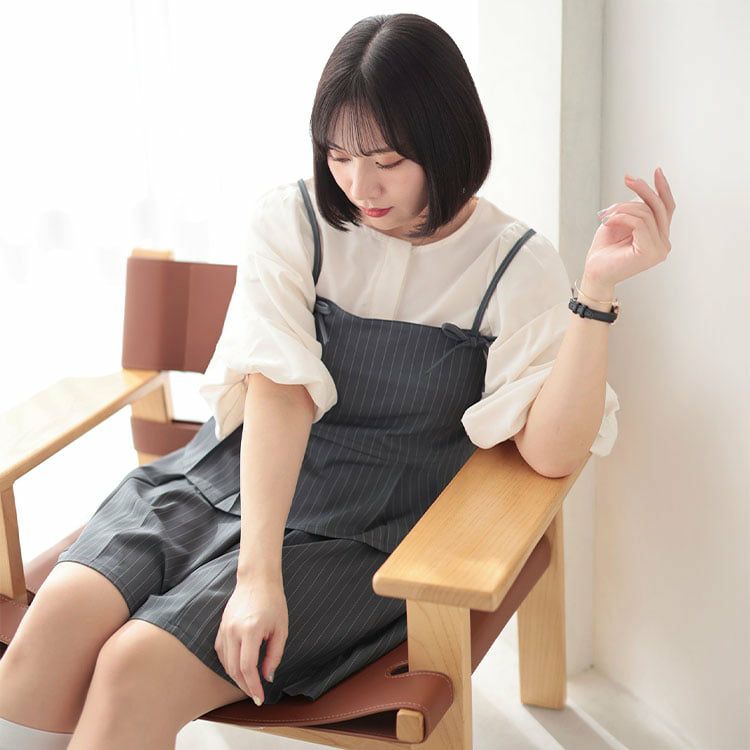大きいサイズ レディース ピンストライプキャミソール＆インナーパンツスカートセットアップ
