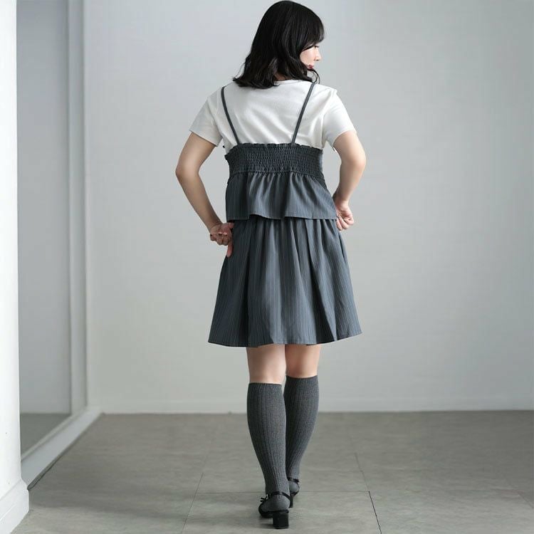 大きいサイズ レディース ピンストライプキャミソール＆インナーパンツスカートセットアップ