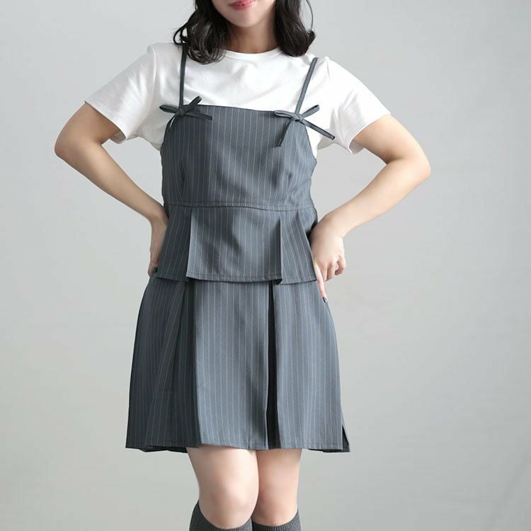 大きいサイズ レディース ピンストライプキャミソール＆インナーパンツスカートセットアップ