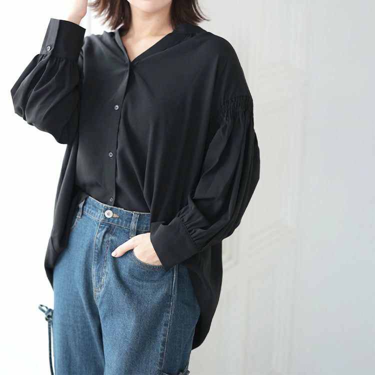 大きいサイズ レディース ギャザースリーブVネックブラウス