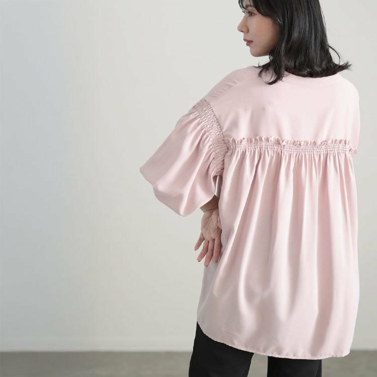 大きいサイズ レディース ギャザースリーブVネックブラウス