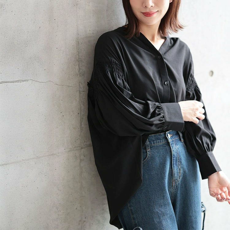 大きいサイズ レディース ギャザースリーブVネックブラウス