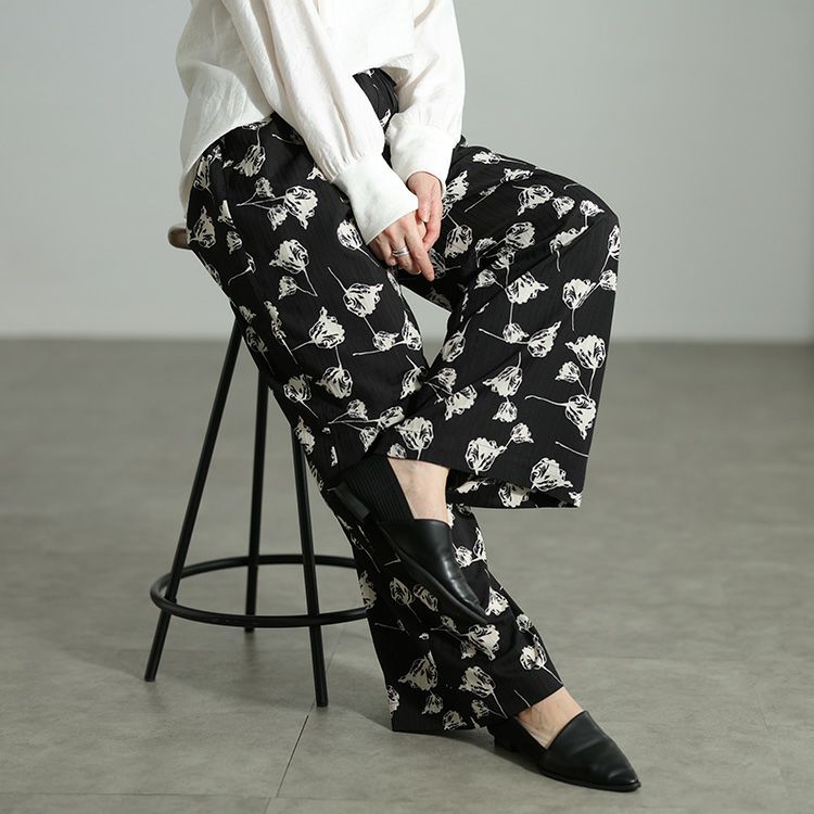 大きいサイズ レディース 花柄シャドーストライプワイドパンツ