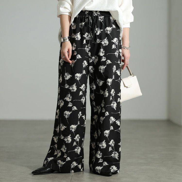 大きいサイズ レディース 花柄シャドーストライプワイドパンツ