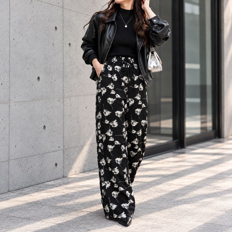 大きいサイズ レディース 花柄シャドーストライプワイドパンツ