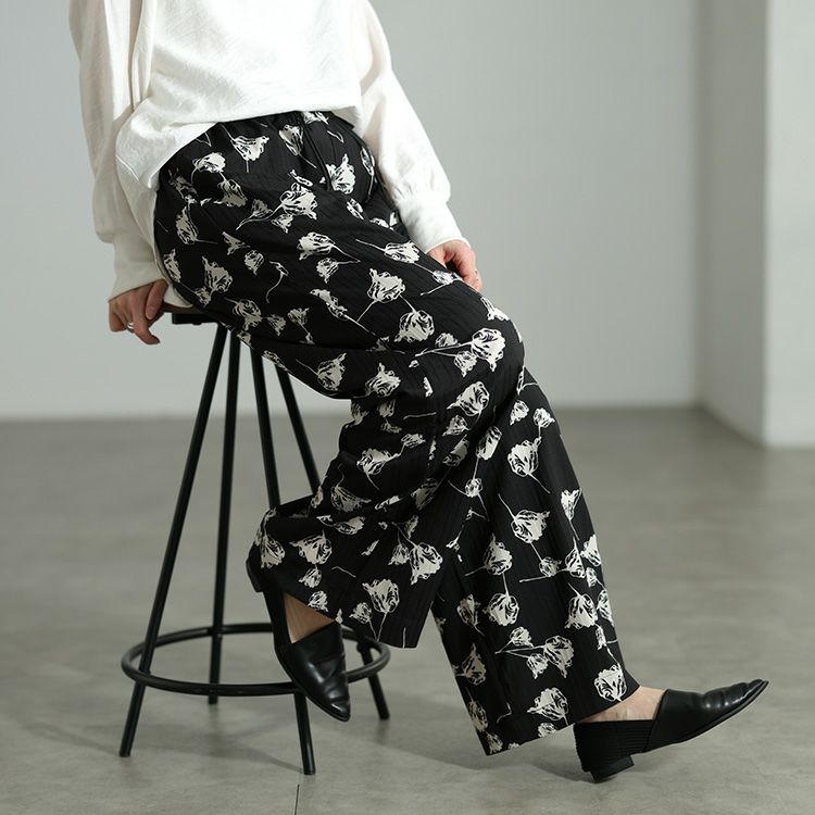 大きいサイズ レディース 花柄シャドーストライプワイドパンツ fem-632