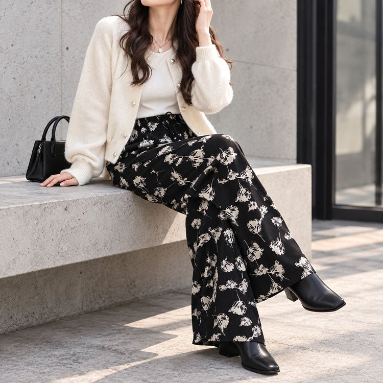 大きいサイズ レディース 花柄シャドーストライプワイドパンツ