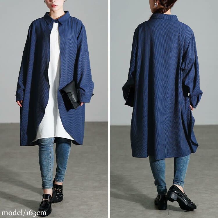 大きいサイズ レディース シャドーストライプ柄重ね着風シャツチュニック