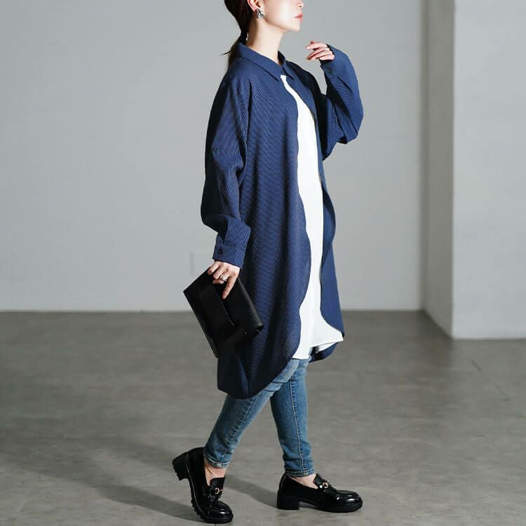 大きいサイズ レディース シャドーストライプ柄重ね着風シャツチュニック