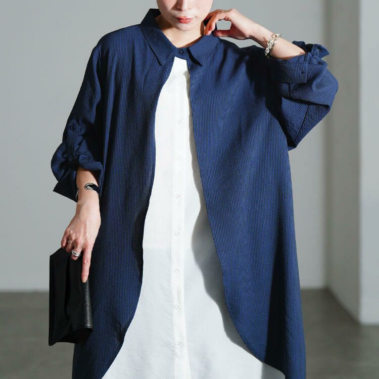 大きいサイズ レディース シャドーストライプ柄重ね着風シャツチュニック