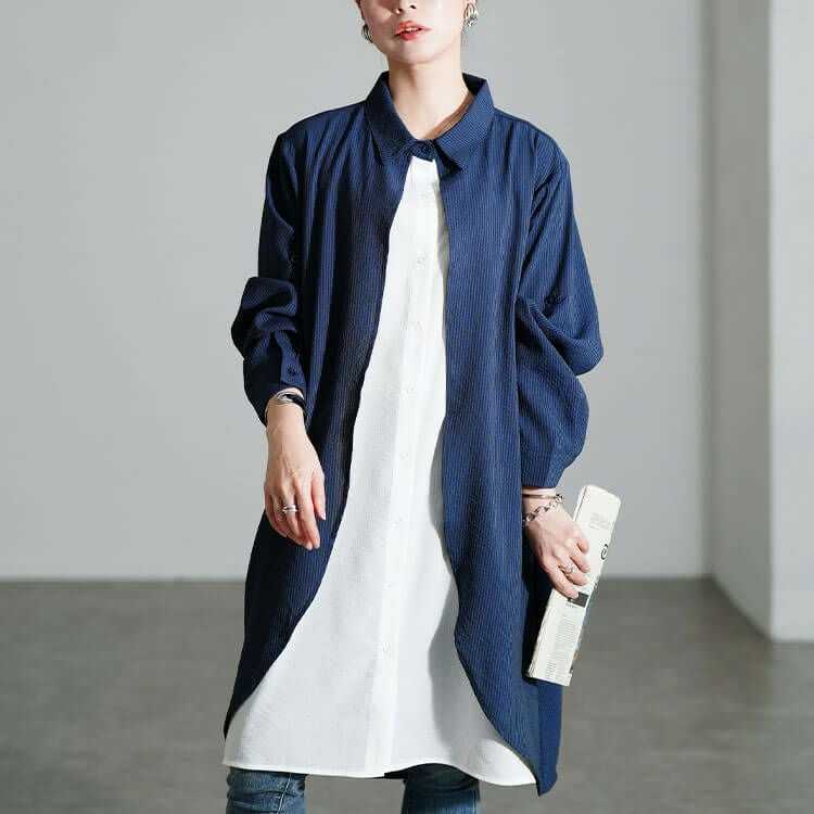 大きいサイズ レディース シャドーストライプ柄重ね着風シャツチュニック