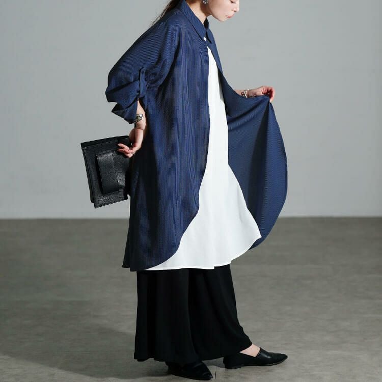 大きいサイズ レディース シャドーストライプ柄重ね着風シャツチュニック