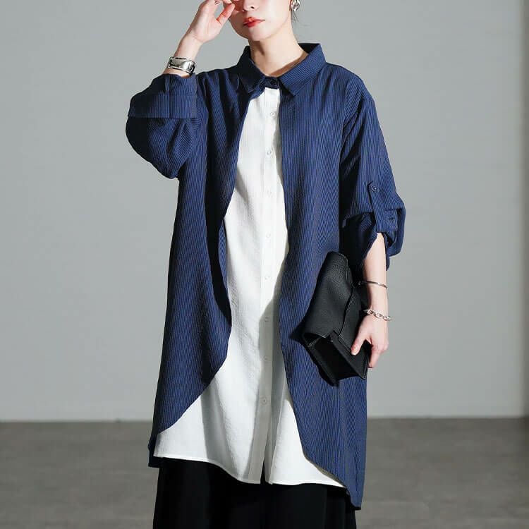 大きいサイズ レディース シャドーストライプ柄重ね着風シャツチュニック