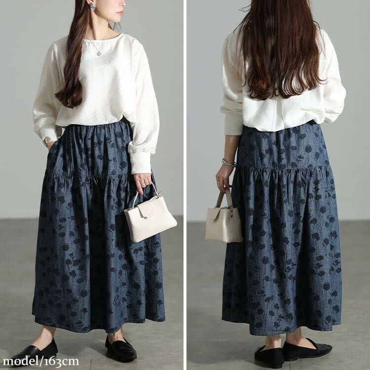 大きいサイズ レディース コットンシャンブレー花柄ティアードスカート