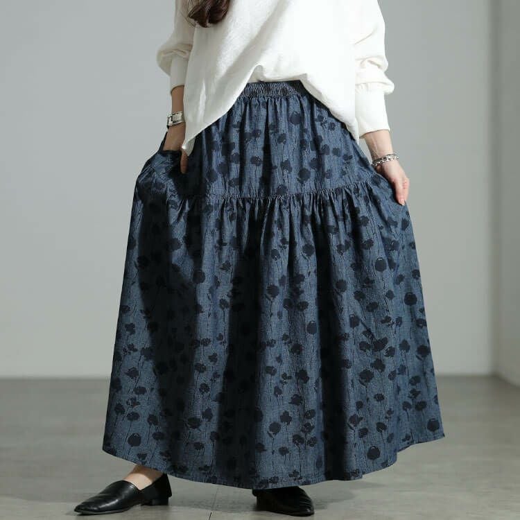 大きいサイズ レディース コットンシャンブレー花柄ティアードスカート