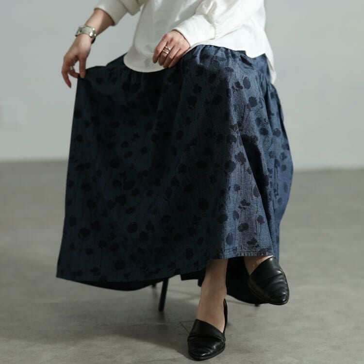 大きいサイズ レディース コットンシャンブレー花柄ティアードスカート