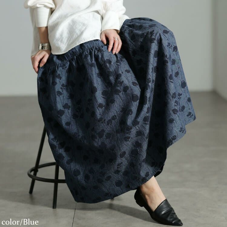 大きいサイズ レディース コットンシャンブレー花柄ティアードスカート ブルー
