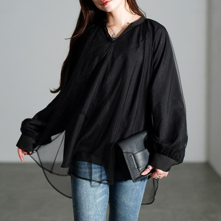 大きいサイズ レディース チュールレイヤードスキッパーチュニック