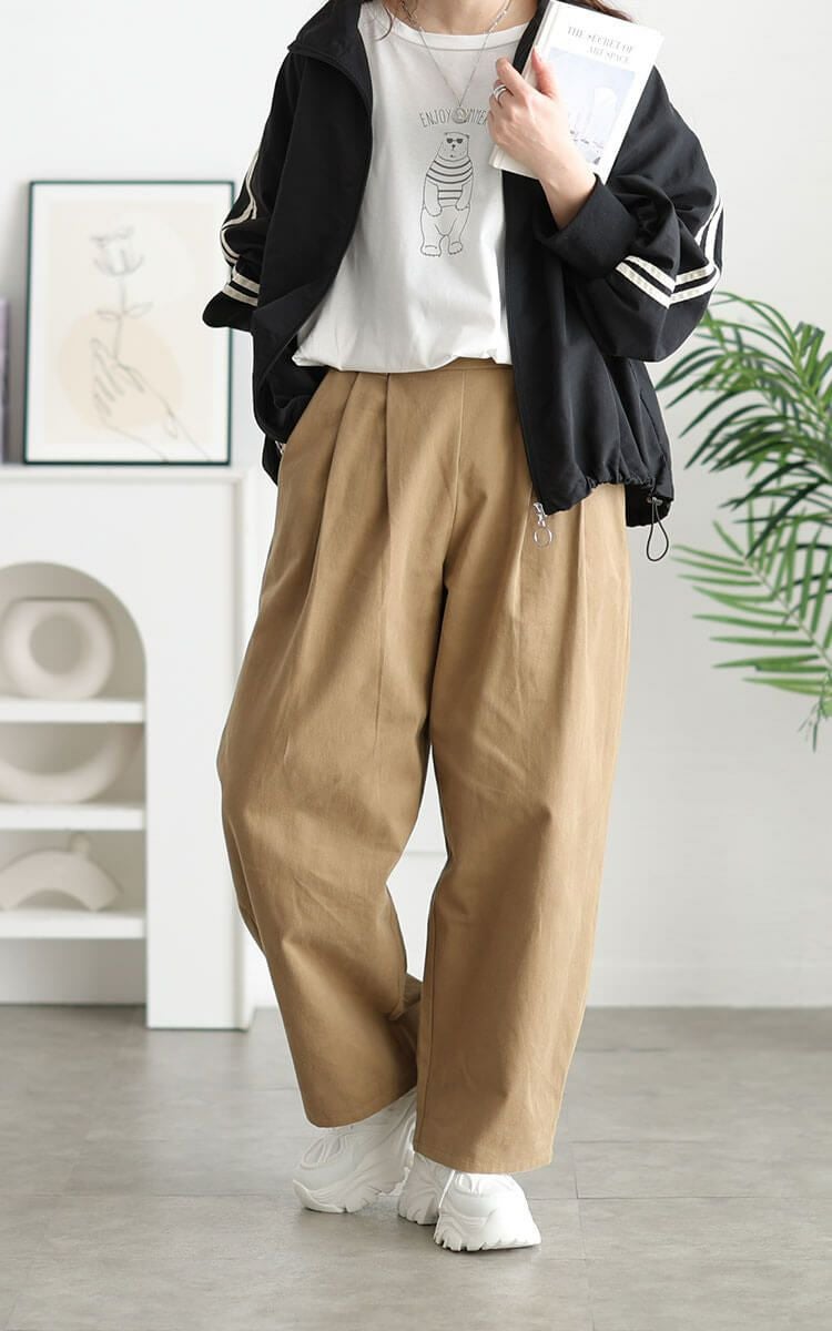 大きいサイズ レディース コットンチノタック入りバレルパンツ