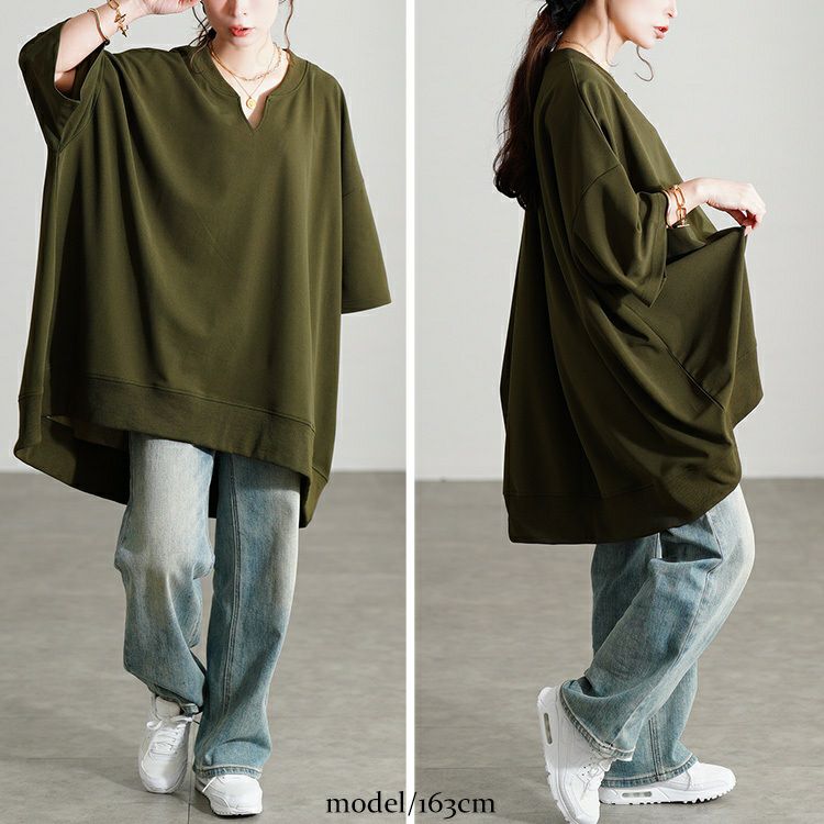 大きいサイズ レディース キーネックオーバーサイズチュニックTシャツ