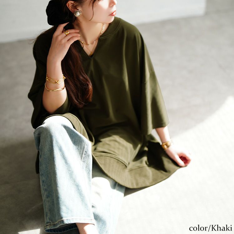 大きいサイズ レディース キーネックオーバーサイズチュニックTシャツ カーキ